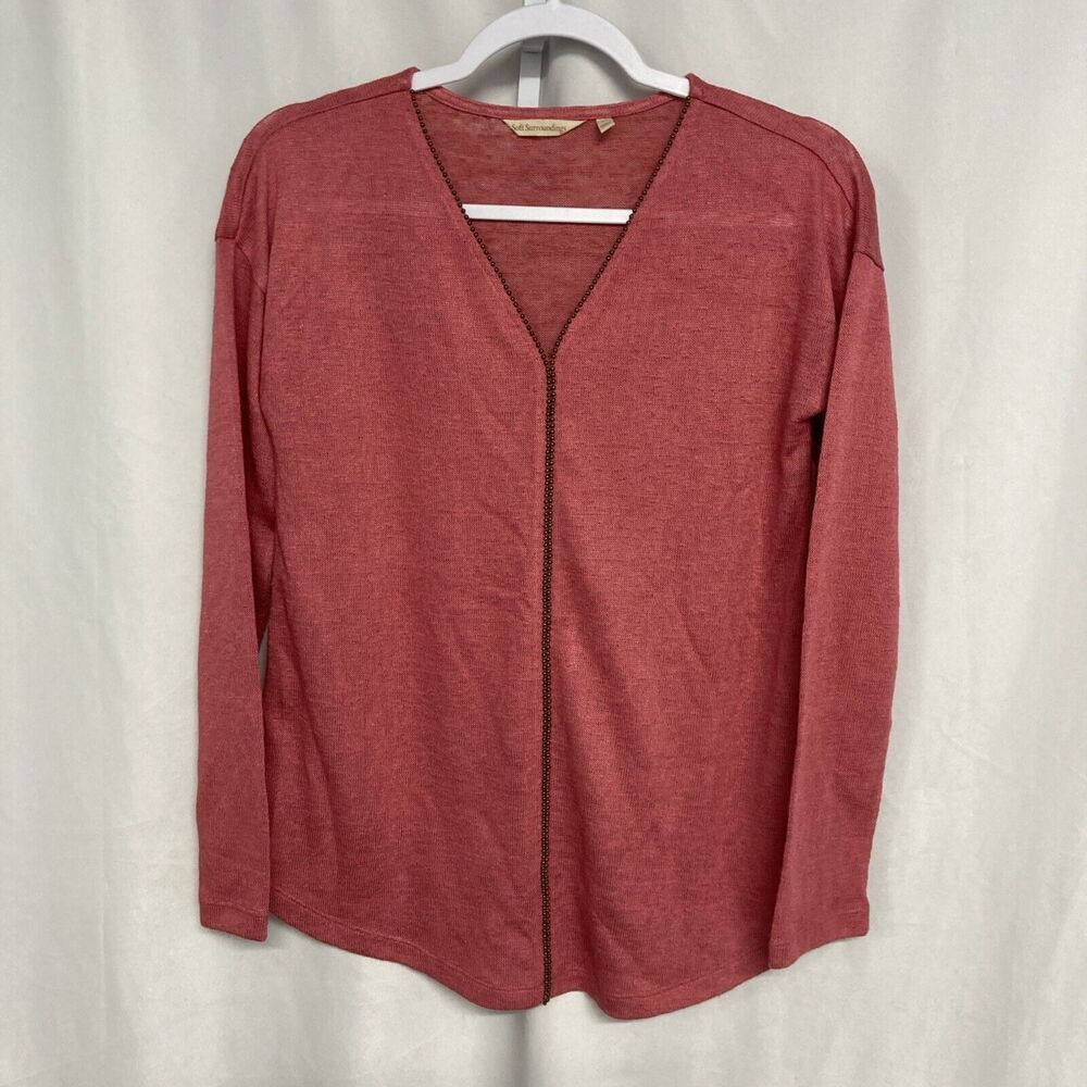 SOFT SURROUNDINGS pink beaded v-cut long sleeve light weight sweater top XS